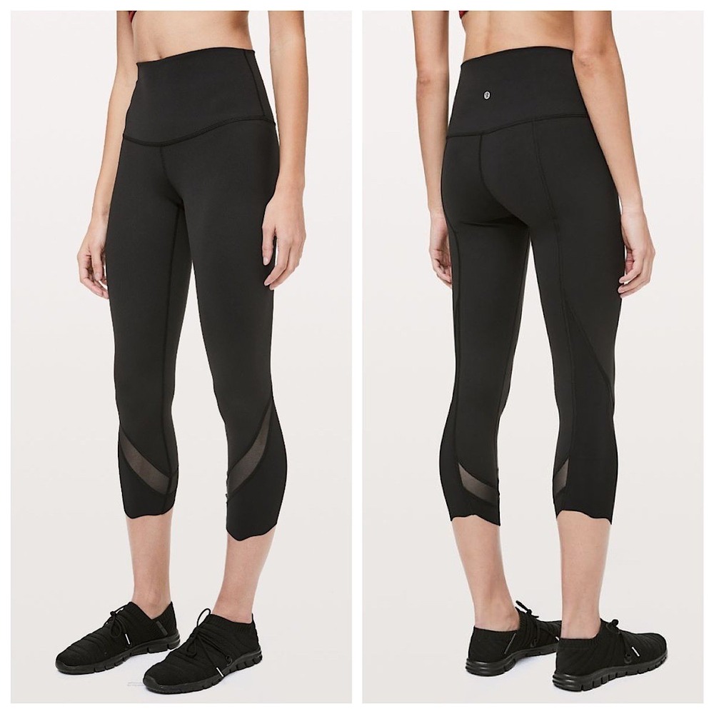 Lululemon Wunder Under Crop HR‎ Leggings Women Black Scallop Hem Mesh Insert
